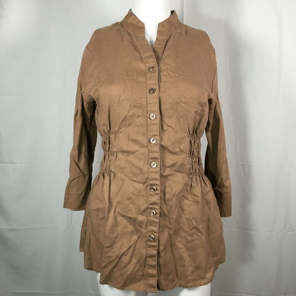 Westbound Shirt Womens‎ Sz 6 Brown Linen Pleated Waist Button Up Top Long Sleeve
